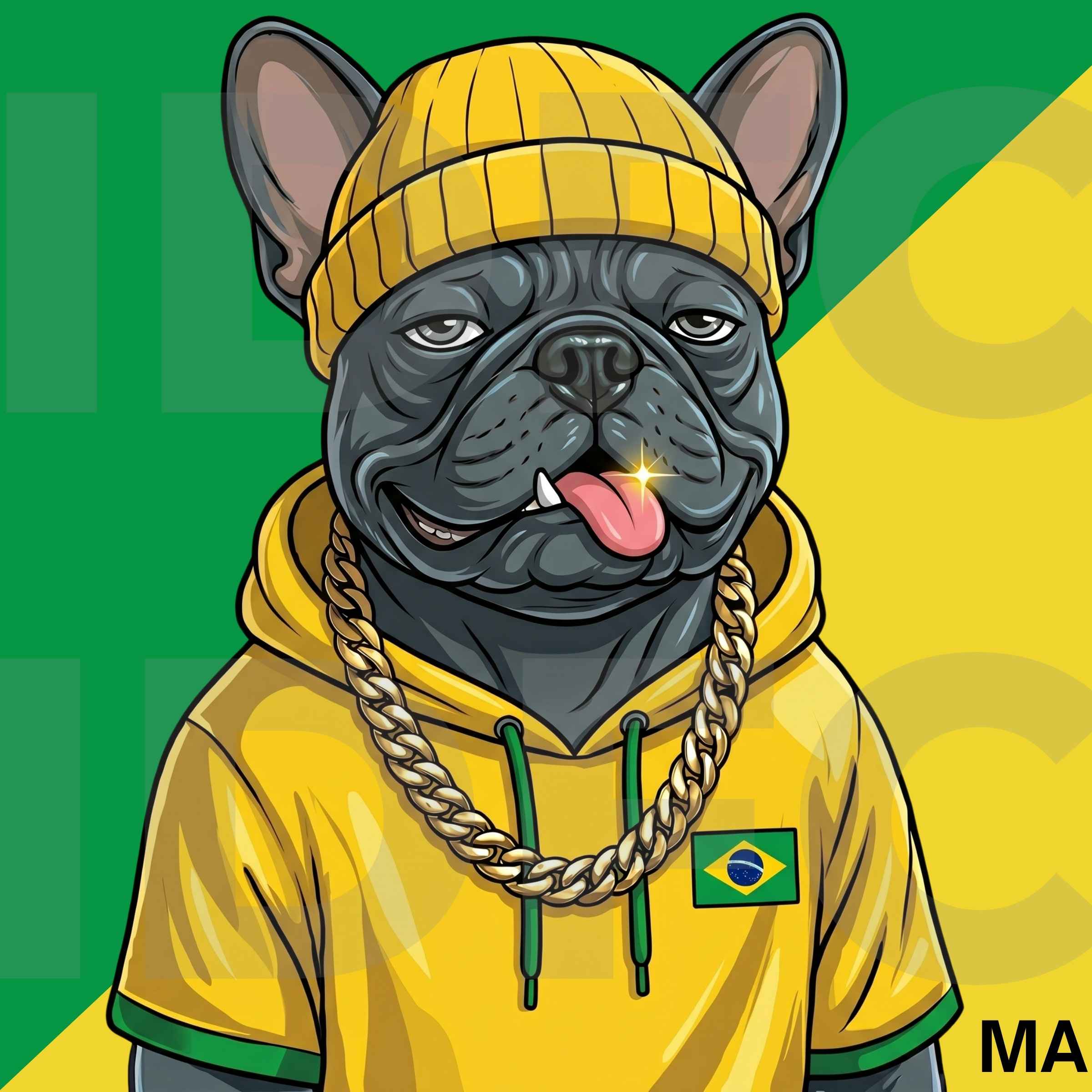 O Campeão, a French bulldog in Brazil-inspired clothing