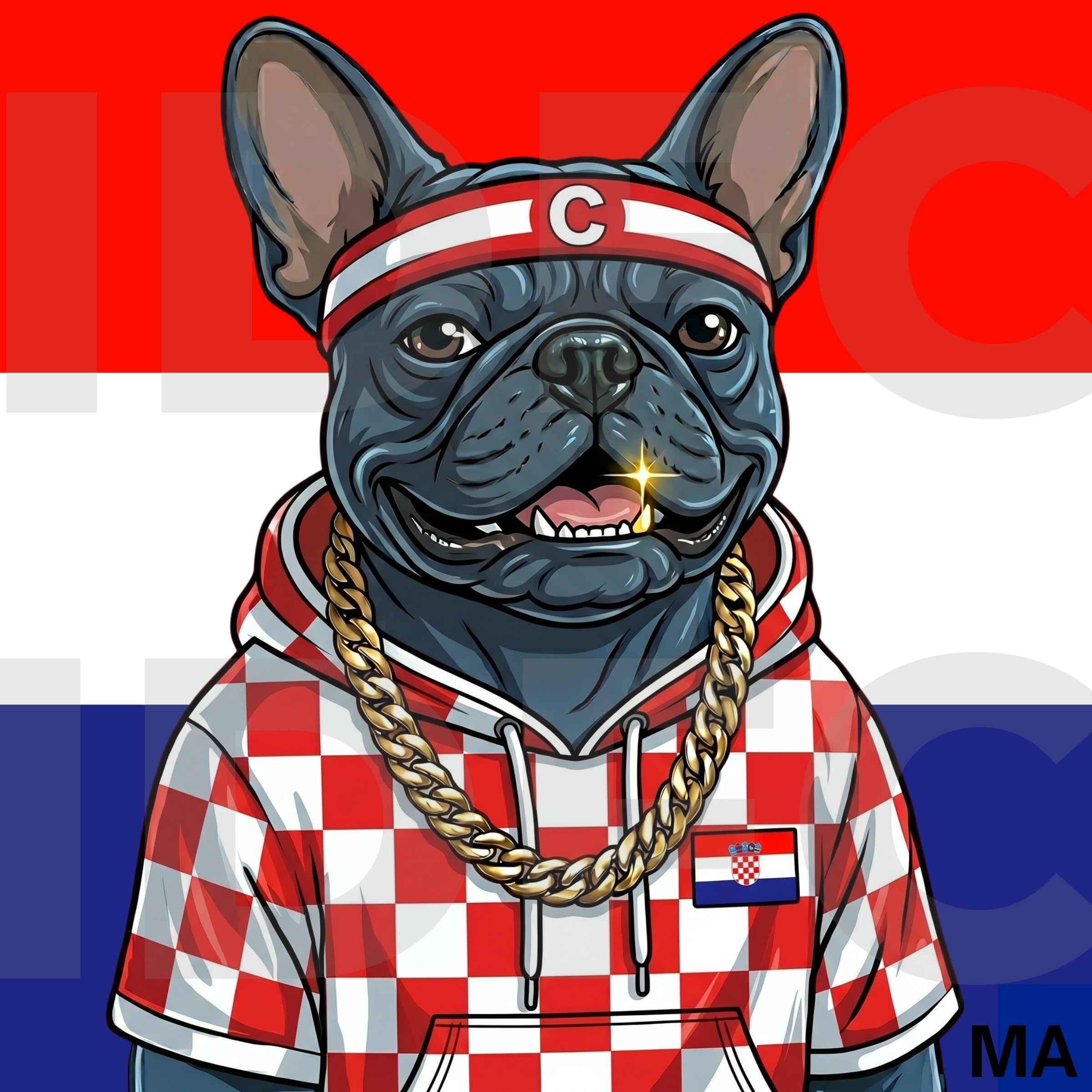 The Legend, a French bulldog in Croatia-inspired clothing