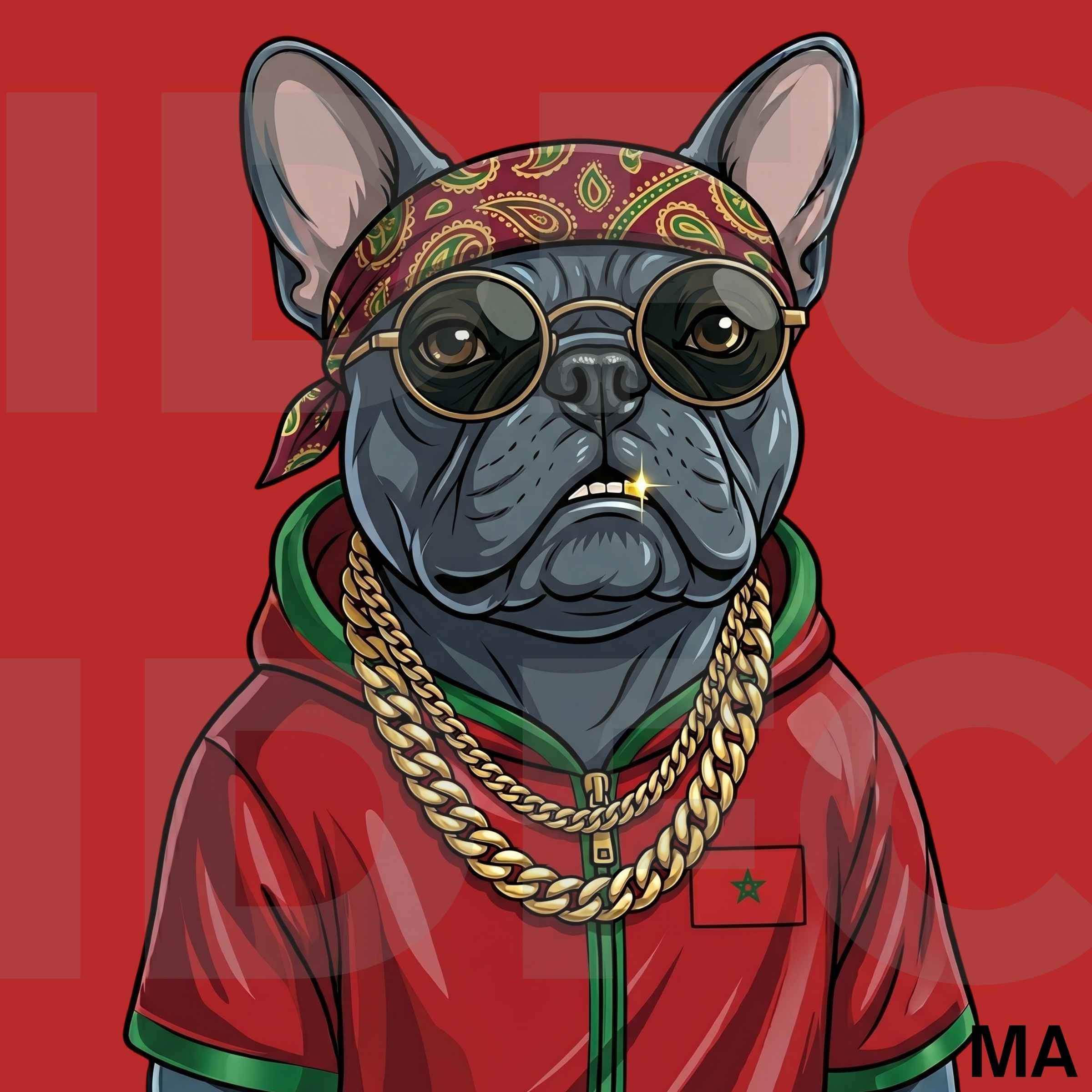 The King, a French bulldog in Morocco-inspired clothing