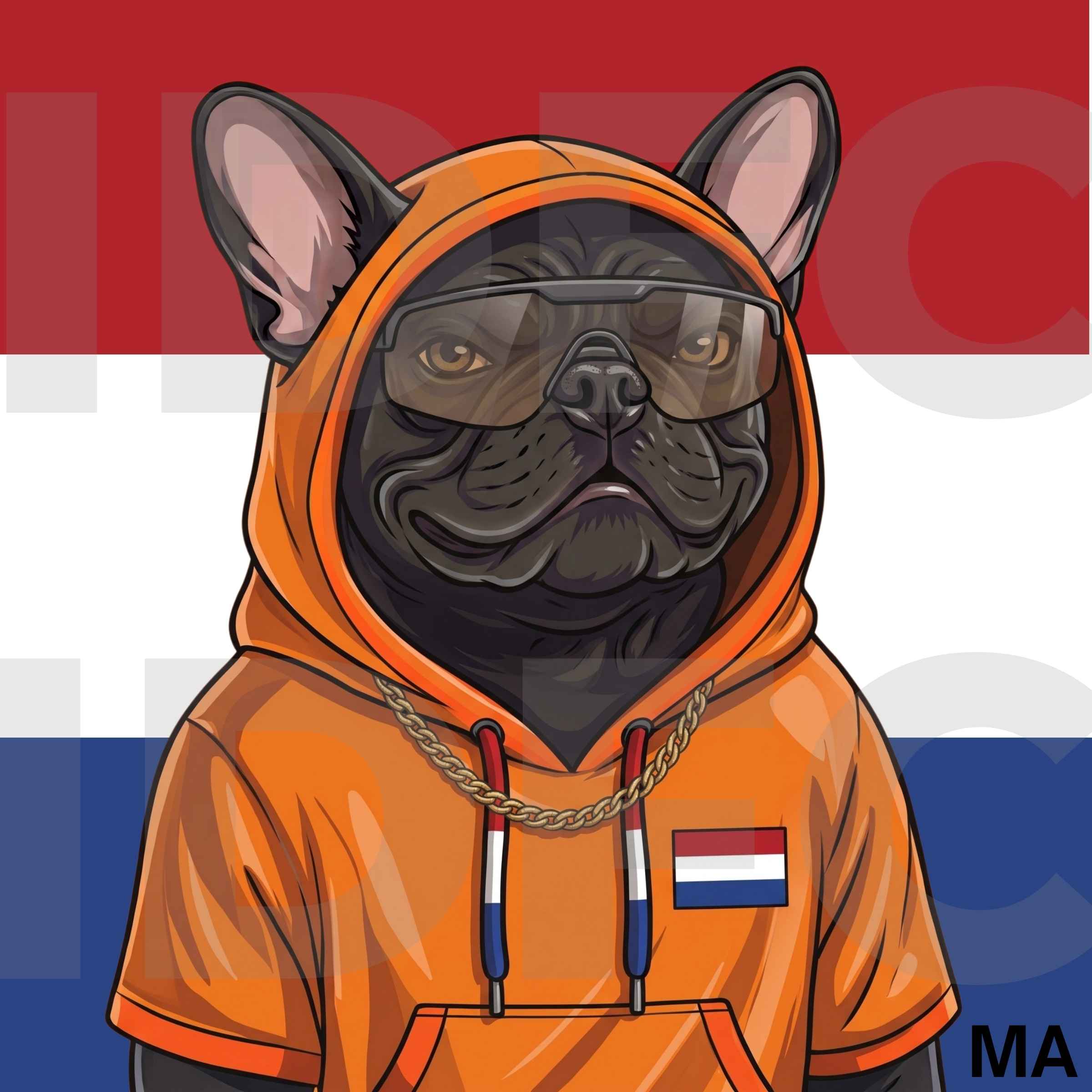 The Oranje King, a French bulldog in Netherlands-inspired clothing