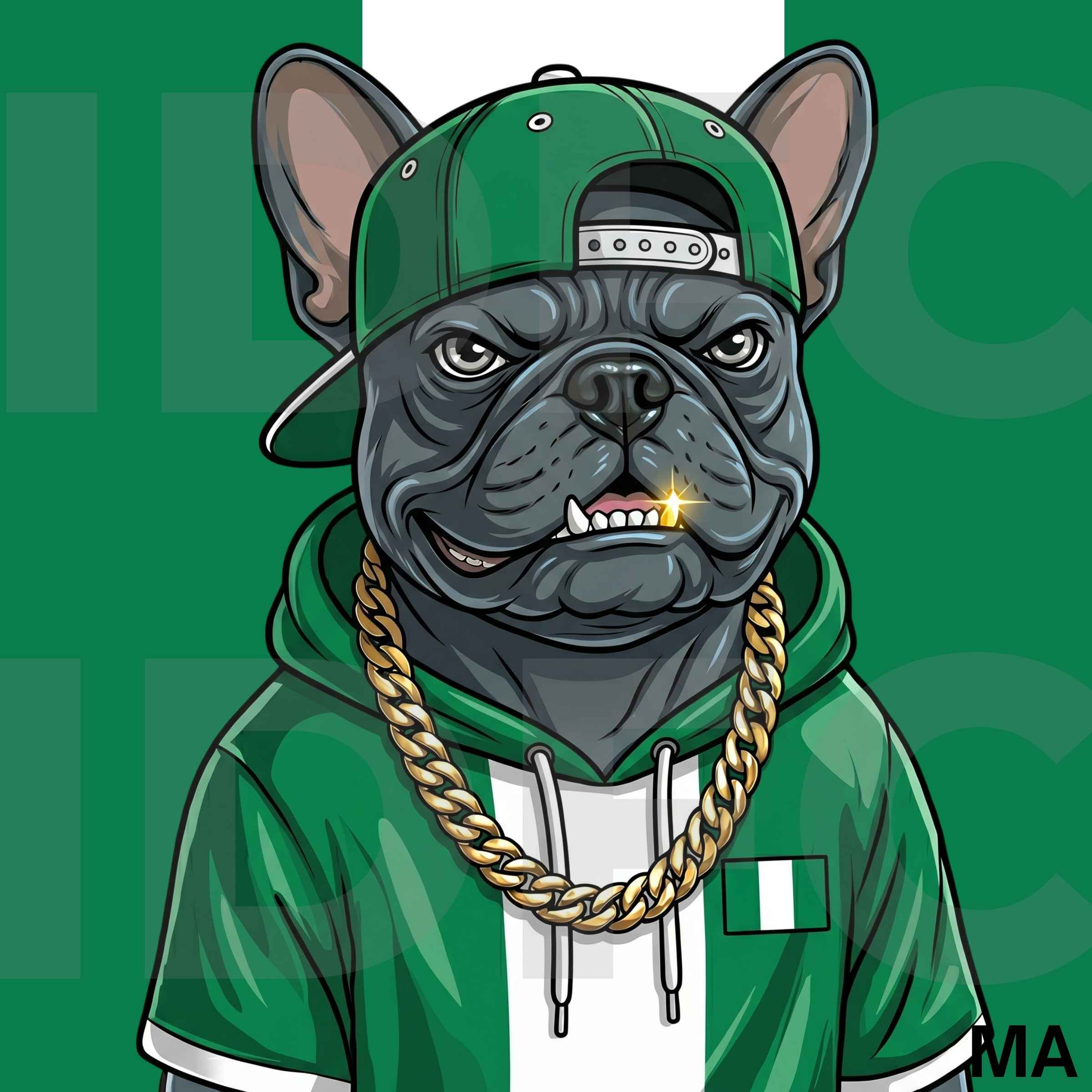 The Lion, a French bulldog in Nigeria-inspired clothing