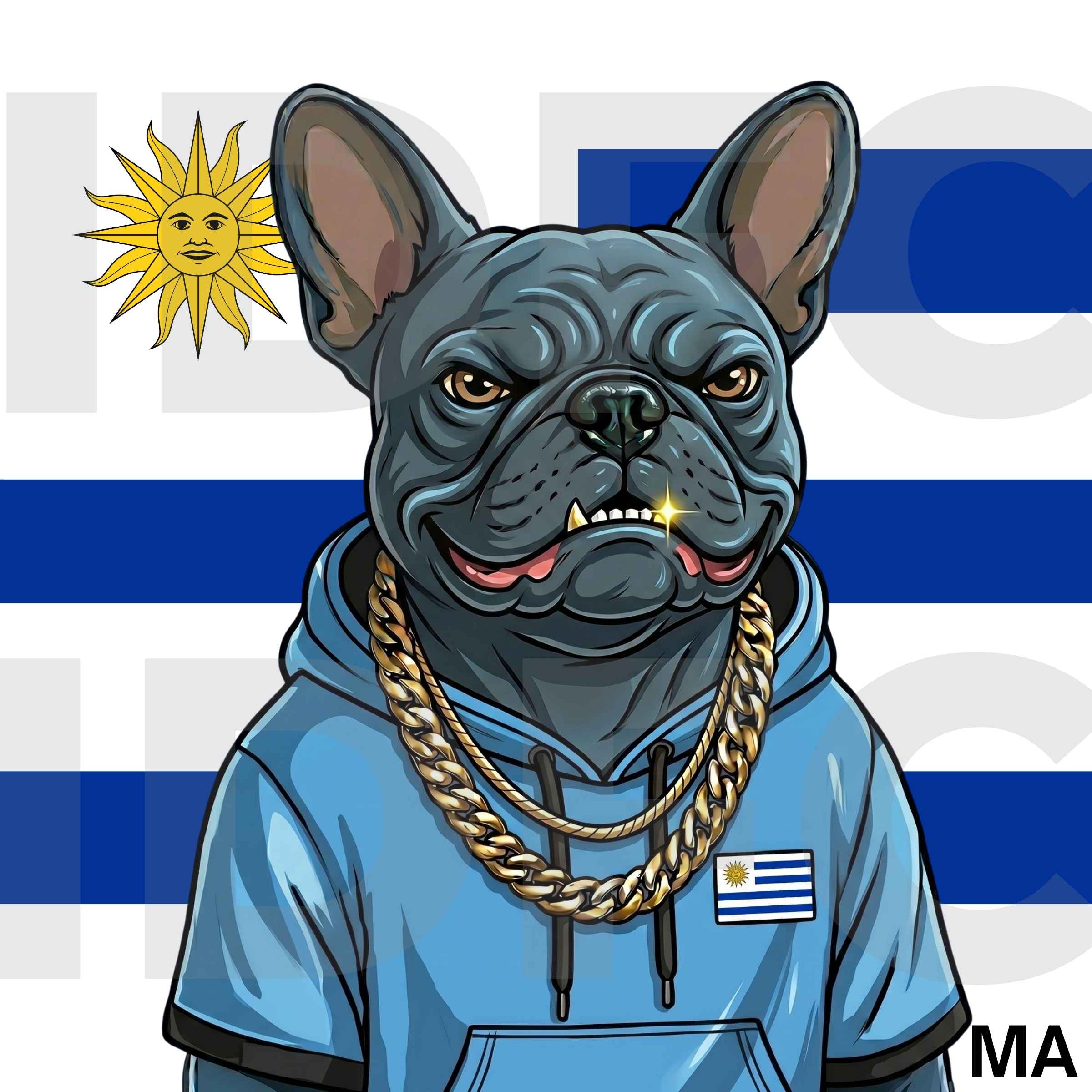 El Charrúa, a French bulldog in Uruguay-inspired clothing