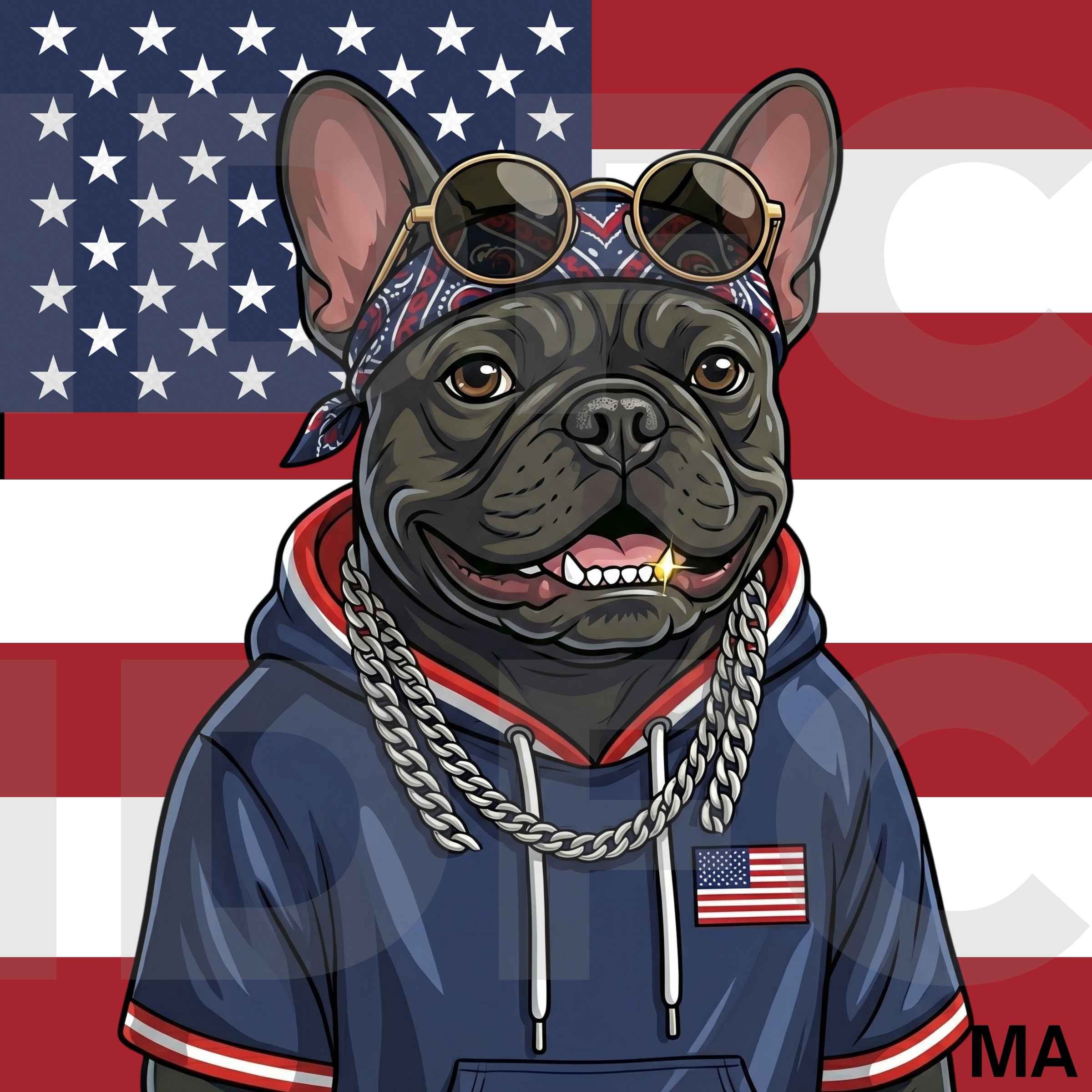 The G.O.A.T, a French bulldog in USA-inspired clothing